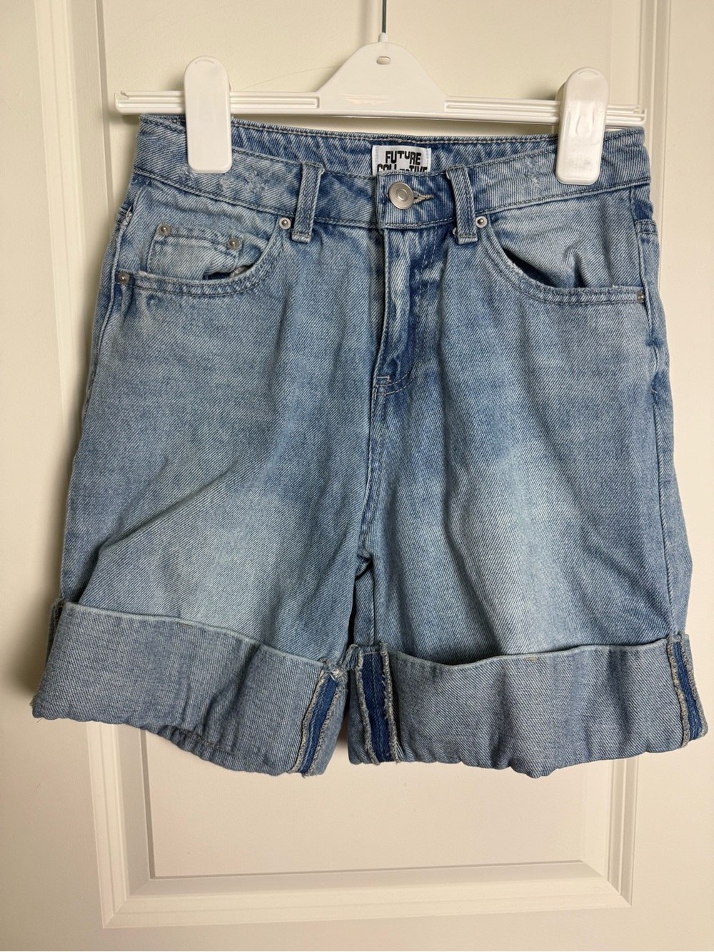 Future Vintage Light Blue High-Rise Rolled Hem Denim Shorts